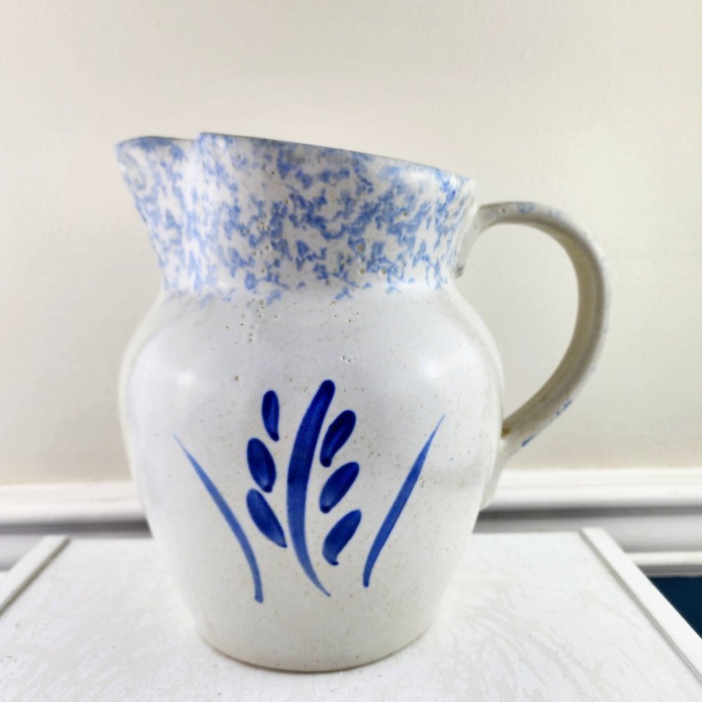 Roseville Spongeware Painted Pottery Pitcher Tan Blue
